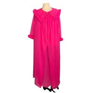 Womens Vintage 70s Neon Pink Sheer Peignoir Set, Gown and Robe, Ruffle, Small